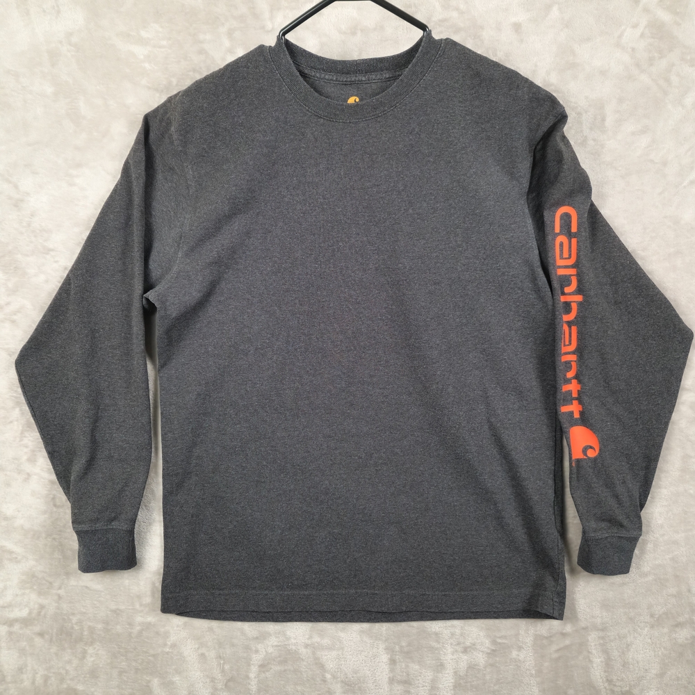 Carhartt Original Fit Mens Size M Gray Long Sleeve Shirt Orange Logo Workwear